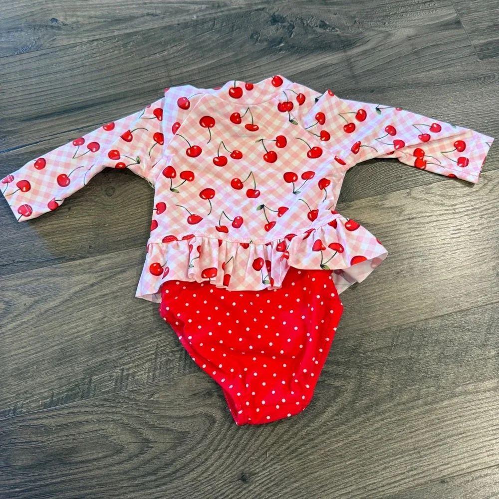 Little Me Baby Girl Cherry Gingham Rash Guard Swimsuit Set Pink Red 0-3 Months‎